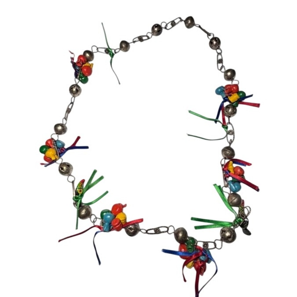 Vintage Hand Painted Ceramic Toucan‎ Bird Bell Ribbon Necklace Multicolor Boho